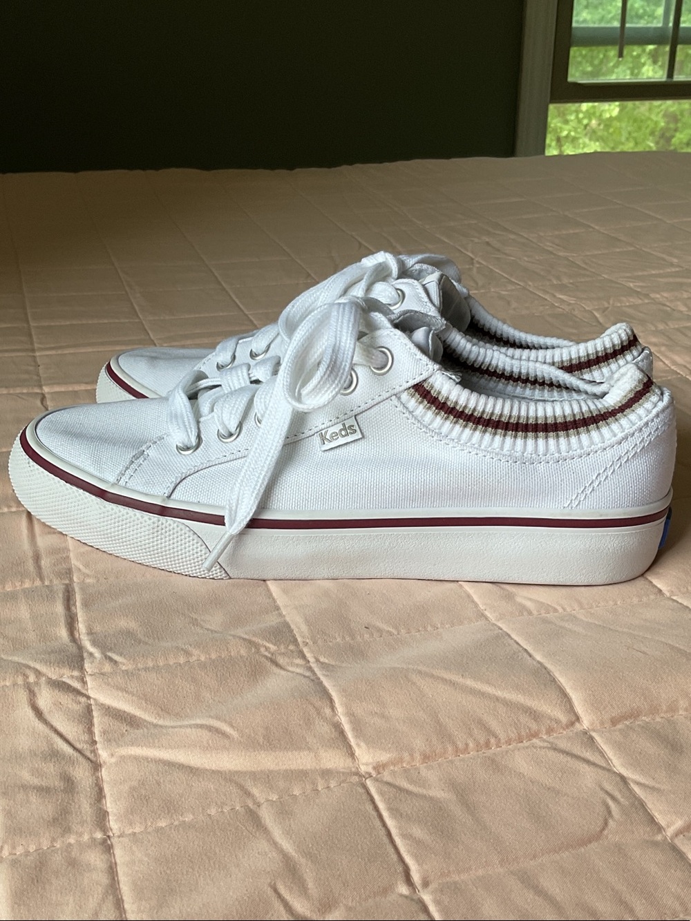 Keds White Canvas Low-Top Sneakers with Burgundy Trim - Picture 4 of 5